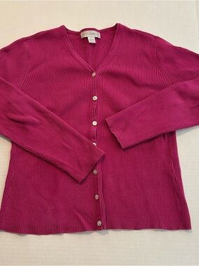 Petite Sophisticate Raspberry Pink Ribbed V-Neck Cardigan Size Small